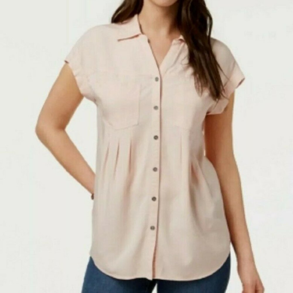 Style & Co women M pleated short cuffed sleeve button front top crushed petal